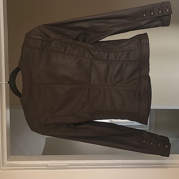 White House Black Market Fitted Coated Utility Jacket. Very dark reddish-brown. - Picture 9 of 12